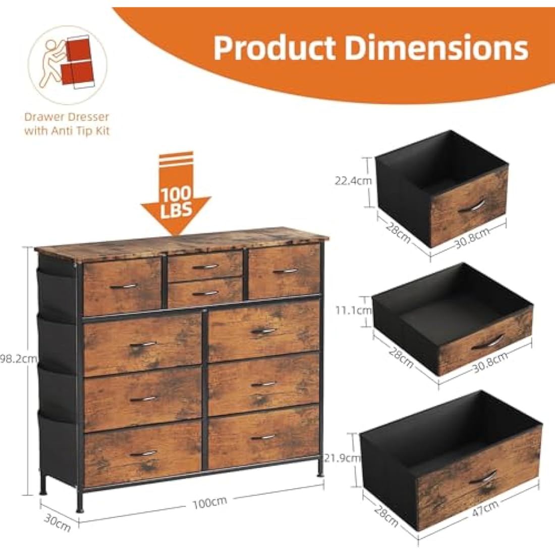 Flrrtenv Chest of Drawers, 100cm Wide Dresser for Bedroom with 10 Drawers, Tall Fabric Storage Organizer Fit for Nursery, Living Room, Closet - Rustic Brown