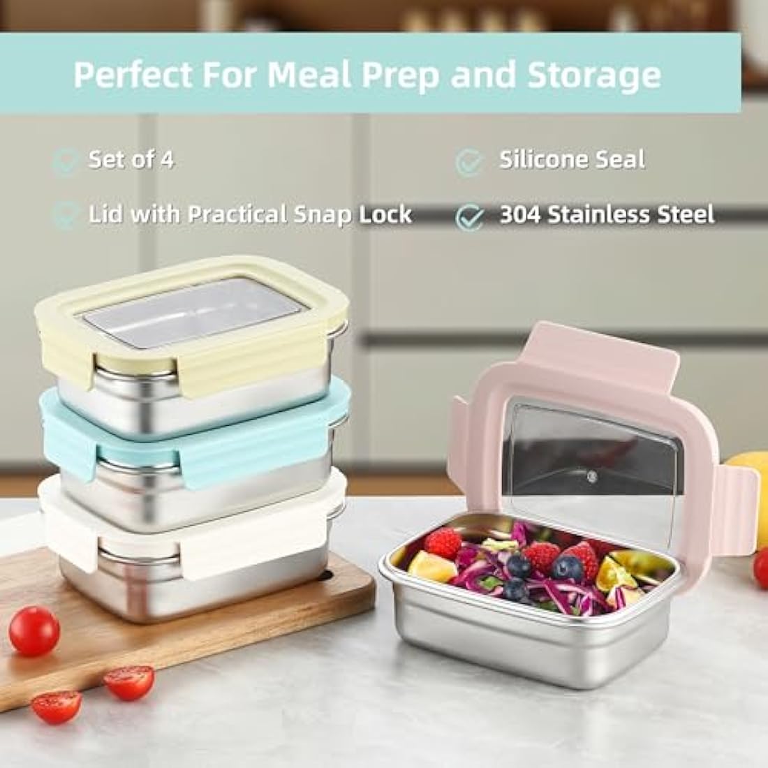 Misichao Stainless Steel Food Storage Containers with Lids - Stackable Meal Prep Food Containers for Kitchen & Pantry, Leakproof, Reusable Metal Bento Lunch Box for Kids Adult 650 ml 4 Count