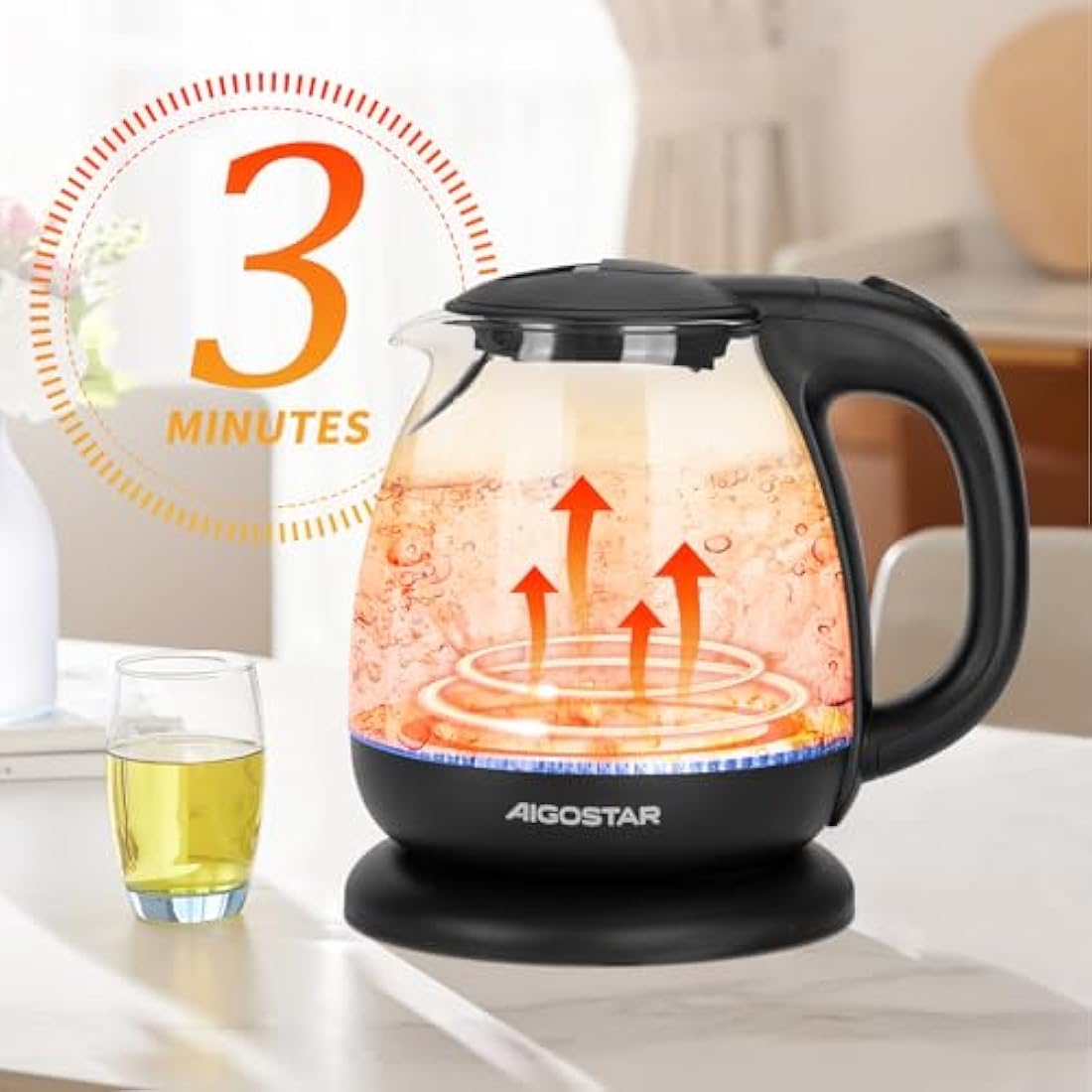 Aigostar Small Electric Kettle, 1.0L Black Glass Kettle Cordless, Compact Mini Clear Water Tea Kettle Fast Quiet Boil for Kitchen Bedroom Office, 2200W - Elfin 30A0Q