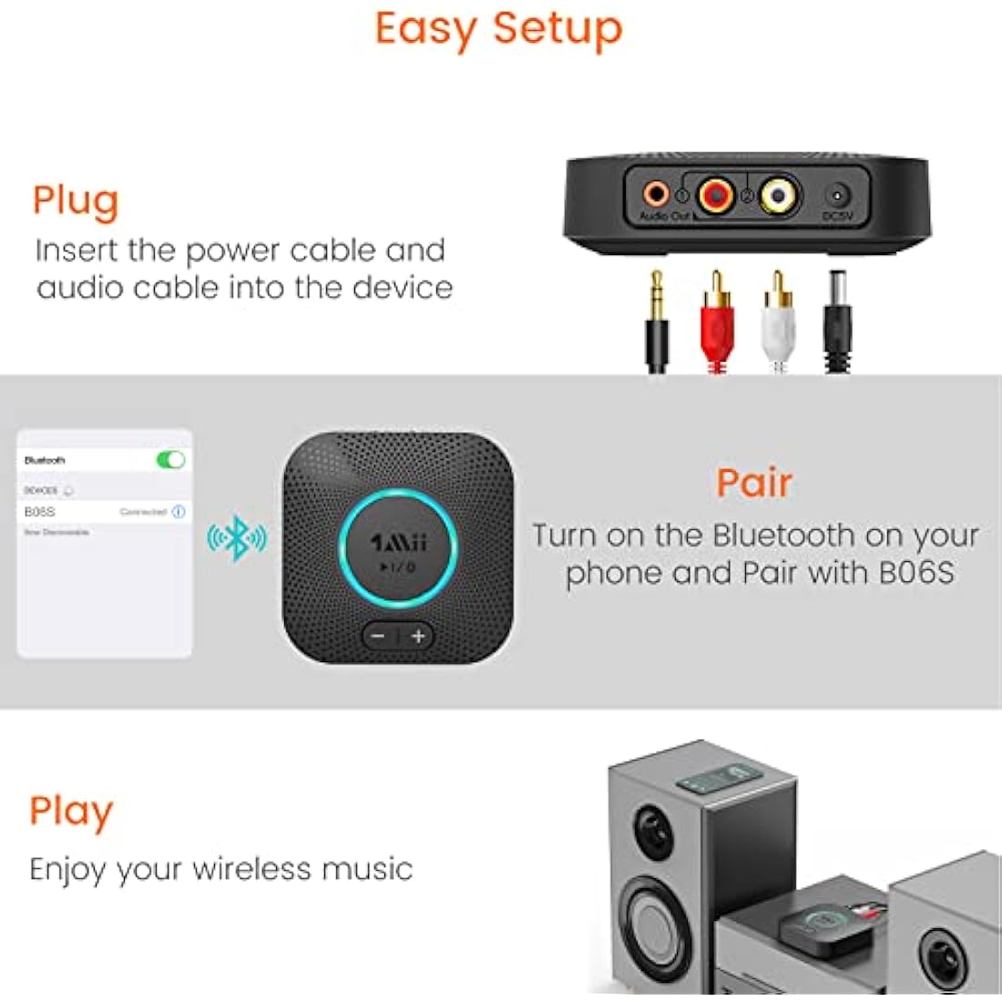 1Mii B06S Bluetooth 5.2 Receiver for Music Streaming System, Hi-Fi Wireless Audio Adapter for Stereo Receiver aptX HD aptX Low Latency, Bluetooth Receiver with Volume Control RCA/3.5mm Outputs