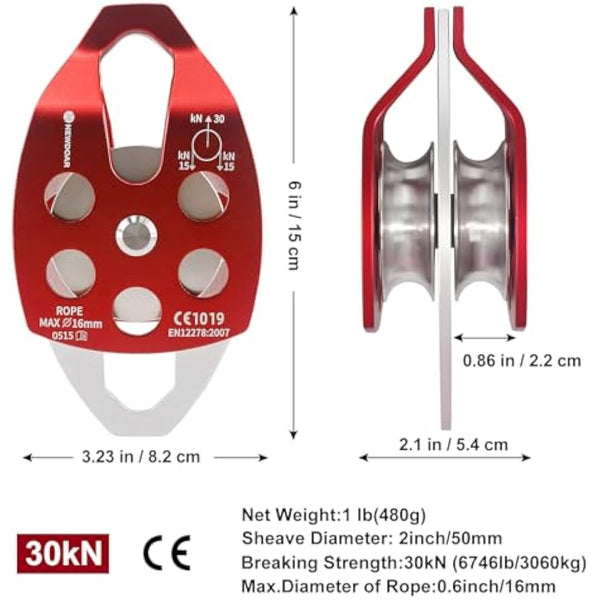 NewDoar 30KN Single/Double Pulley CE Certified Large Rescue Pulley for Diameter Max 16mm Rope Single/Double Sheave with Swing Plate for Rescue Hauling Arborist Tree Climbing