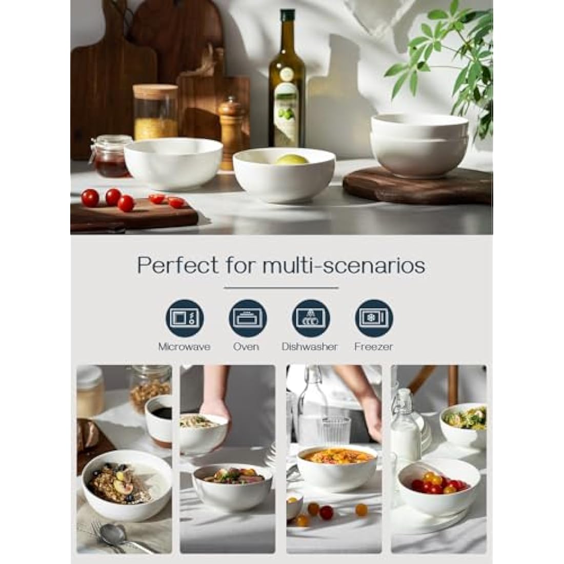 DOWAN Bowl Sets of 4, 1150ml Large Soup Bowls, Porcelain Deep Bowls for Ramen, Pasta, Salad, Mixed Fruit, Cereal, Microwave and Dishwasher Safe for Kitchen, Ø 17.8 cm