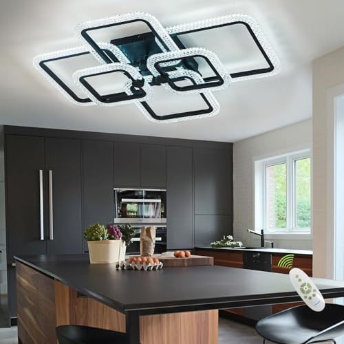 HIHIHOMY Modern LED Ceiling Lights for Living Room, Crystal Led Ceiling Light for Dining Room,Dimmable with Remote Ceiling Lamps for Kitchen,Black Flush Mount Led Ceiling Light with 6 Square Frame