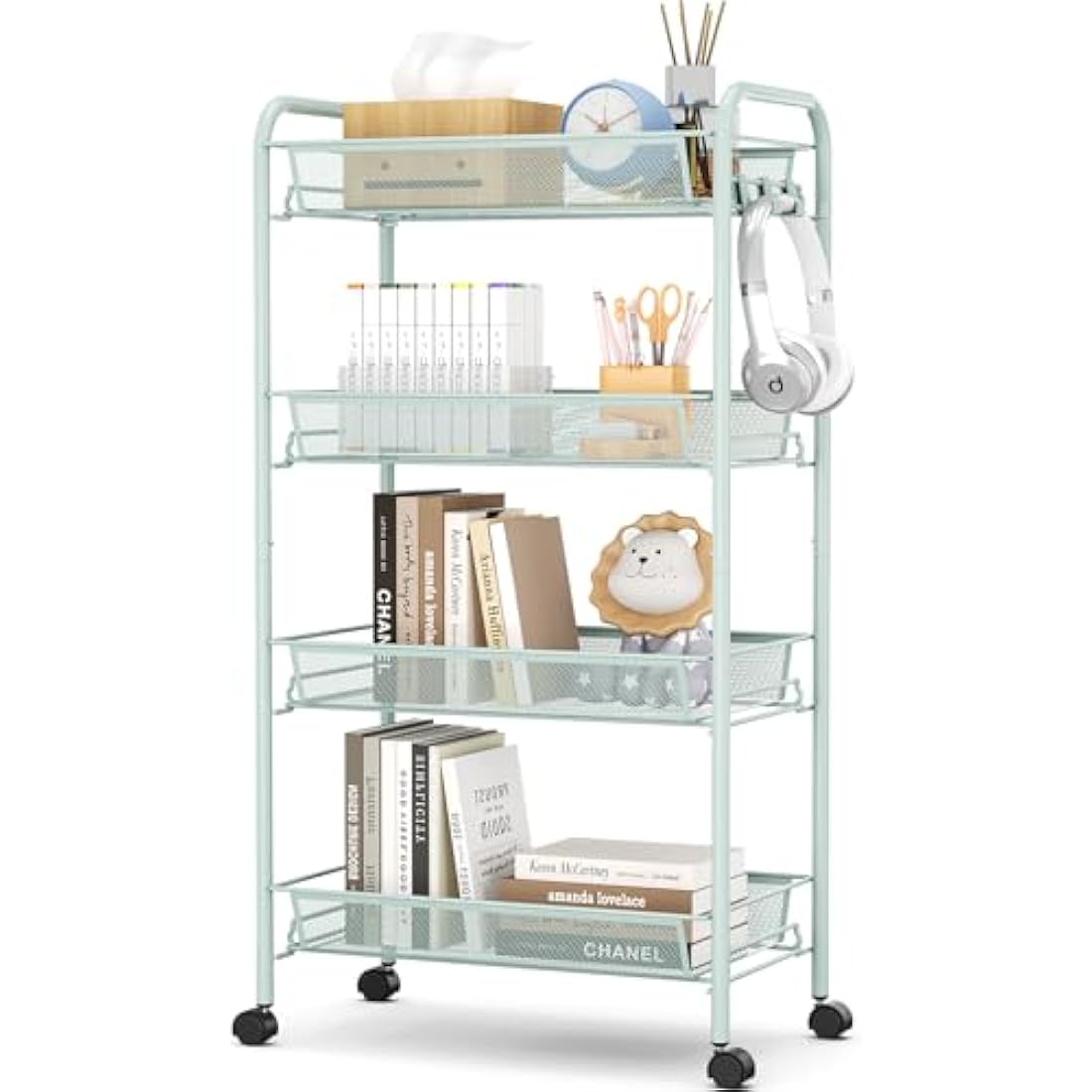 APEXCHASER 4-Tier Rolling Cart,Easy Assemble Mobile Storage Trolley On Wheels,Slide Out Utility Cart Shelving Units Kitchen Bathroom Laundry Room,Green