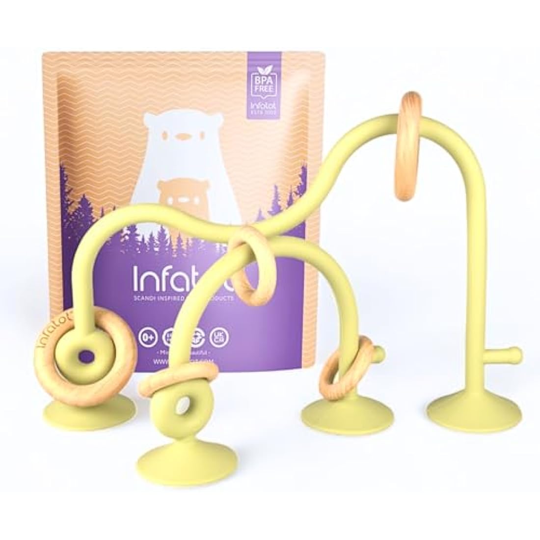 Infatot® Teething Suction Toy – Wood & Silicone Baby Toys 0-6 Months, Sensory Toy for Early Development, Suction Teether for High Chair, Baby Gift for Boys and Girls - Olive