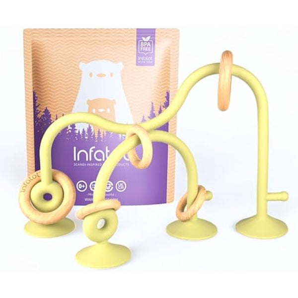 Infatot® Teething Suction Toy – Wood & Silicone Baby Toys 0-6 Months, Sensory Toy for Early Development, Suction Teether for High Chair, Baby Gift for Boys and Girls - Olive