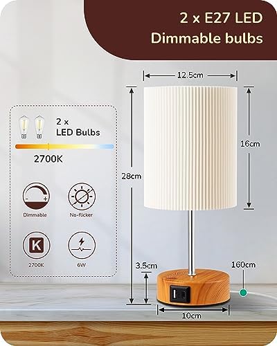EDISHINE Bedside Lamps Set of 2, Touch Table Lamps with 2 USB Ports, Pleated Fabric Shade, 3 Way Dimmable Lamp for Bedroom, Living Room, Home Office, Wood (Bulb Included)