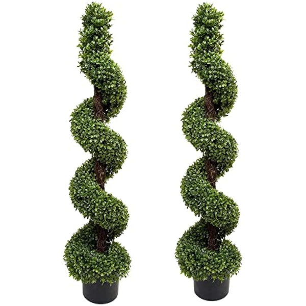 2 x Artificial Premium Quality Topiary Boxwood Spiral Trees in Black Pot for Indoor Outdoor Decor, UV Stable (4ft/120cm)