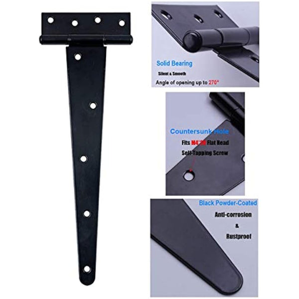 Heavy Duty T-Hinges 16 Inch (400mm) Tee Hinge for Wooden Door Gate, Black, 3 Pack, Matching Screws Included