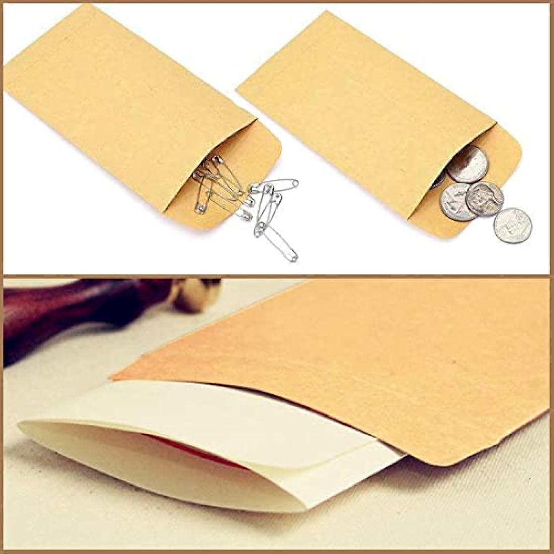 100Pcs Small Brown Envelopes, Self-Adhesive Seed Envelopes Seed Packets Kraft Paper Coin Envelopes Money Envelopes for Wages, Seeds, Coins, Beads or Stamps(10x6cm/3.9x2.4inch)