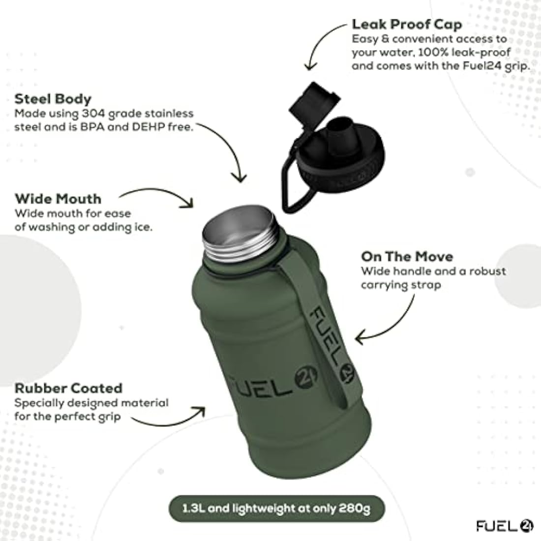 Fuel24 1.3L/2.2L Water Bottle Metal - STRONG, Drop & Leakproof BPA free 2L 1L Stainless Steel Water Bottle (1 Litre) - Large Gym Bottles for Men, Sports Water Bottle, Travel, Hiking Water Bottle