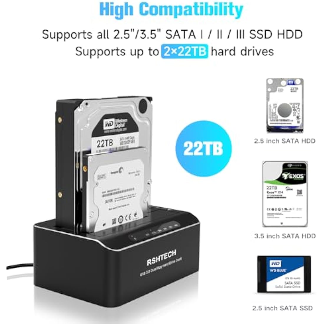 RSHTECH Hard Drive Docking Station Dual Bay, Aluminum External 2.5 & 3.5 inch SATA HDD/SSD Enclosure , USB 3.0 Type-C/A to SATA HDD Caddy, Supports UASP, Offline Clone, Tool-Free, 2x 22TB (RSH-DS01C)