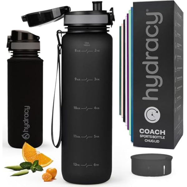 Hydracy Water Bottle with Time Marker -Large 1 Litre BPA Free Water Bottle & No Sweat Sleeve -Leak Proof Gym Bottle with Fruit Infuser Strainer & Times to Drink -Ideal for Fitness Sport & Outdoor