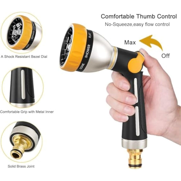 FANHAO Hose Pipe Spray Gun, 100% Heavy Duty Metal Hose Spray Gun with Thumb Control, High Pressure Hose Nozzle with 8 Adjustable Spray Patterns for Watering Plants, Washing Cars and Showering Pets