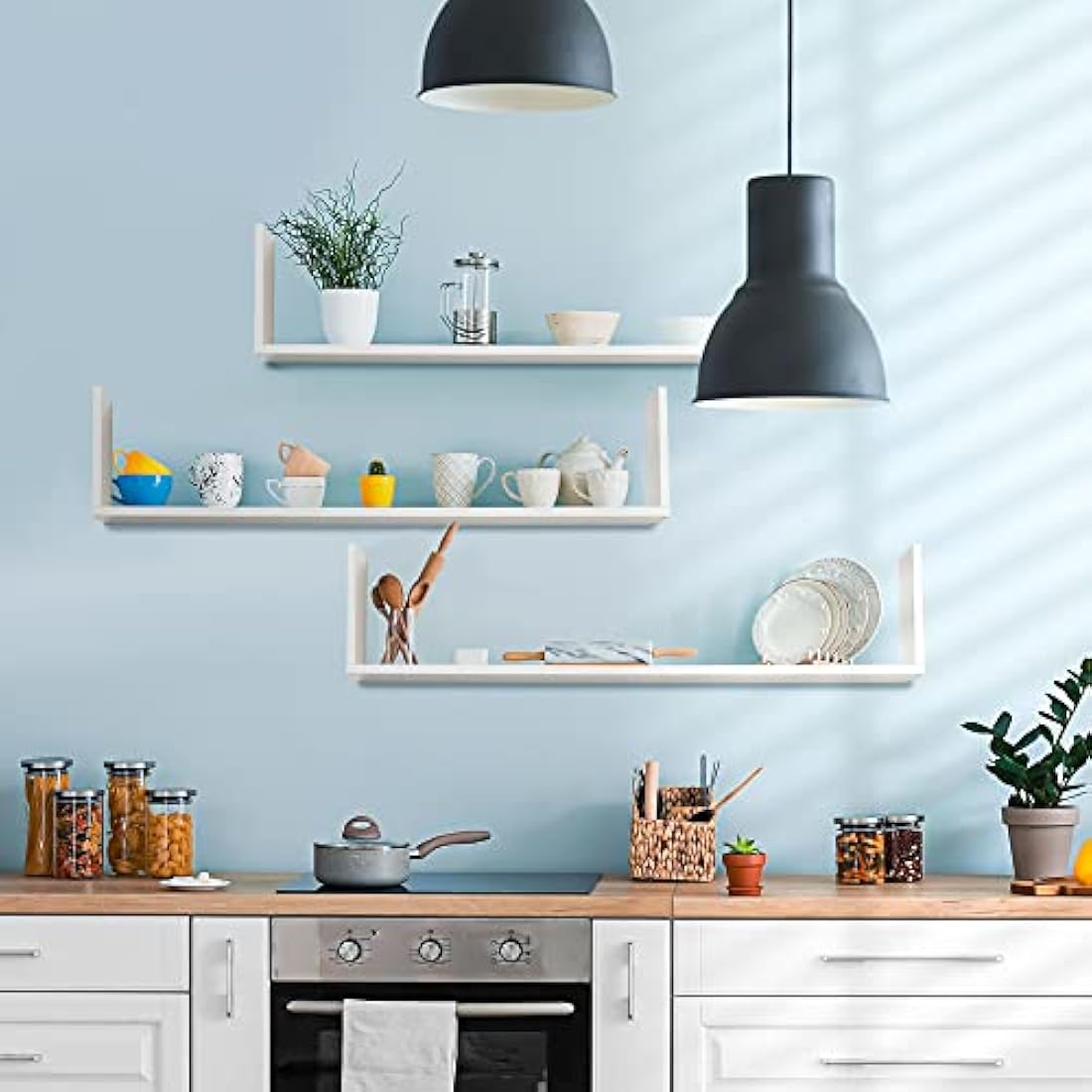 HOMCOM Set of 3 Wooden U-Shaped Floating Shelves Set Wall Mounted Hanging Bookshelf CD DVD Storage Display for Bedroom Living Room Kitchen, White