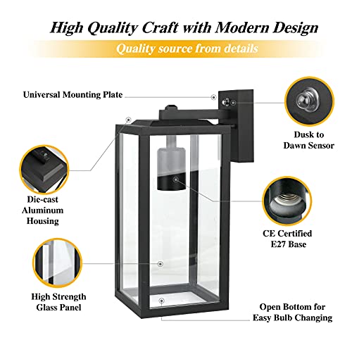 HLFVLITE Dusk to Dawn Outdoor Wall Light, Aluminum Exterior Wall Lantern Fixture, E27 Socket Waterproof Outside Wall Light with Glass Shade for Porch