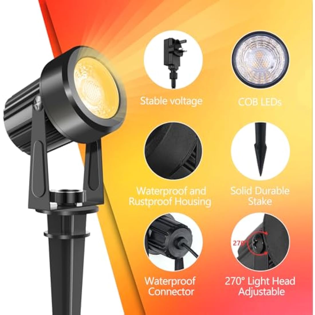 NATPOW Garden Lights, Garden Spot Lights Mains Powered, Warm White LED Outdoor Landscape Spike Lights with Adapter, IP65 Waterproof 5V Spotlights for Lawn, Driveway,Party(6-in-1)