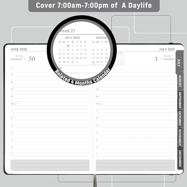 Acadmeic Diary 2025-2026 - Diary 2025-2026 Page a Day with Monthly Tabs, A5 Daily planner, From July 2025 to June 2026, Faux Leather Cover, Black