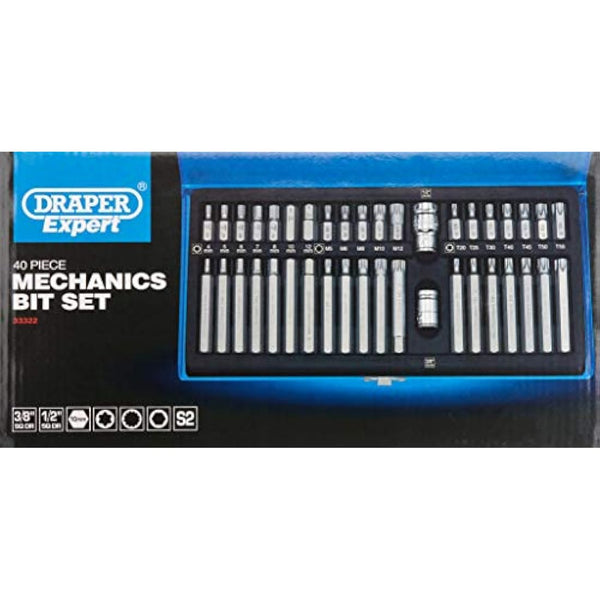 Draper Expert TX-STAR® 1/2" 40 Piece Hex & Spline Mechanics Bit Set | 3/8 Square Drive Hand Tool | Chrome Vanadium Steel Sockets Mechanics Car Tools | Steel Case | 33322
