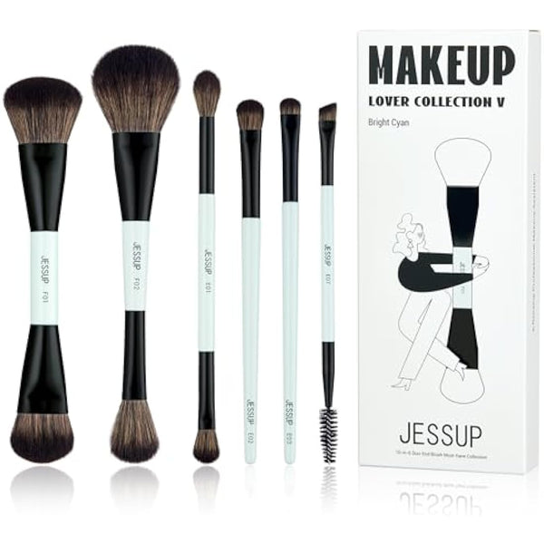 Jessup Makeup Brush Set 6pcs Double Sided Makeup Brushes Foundation Contour Blush Highlight Blending Eyebrow Brush Eyeshadow Brush, Vegan Make up Brushes Bright Cyan T501