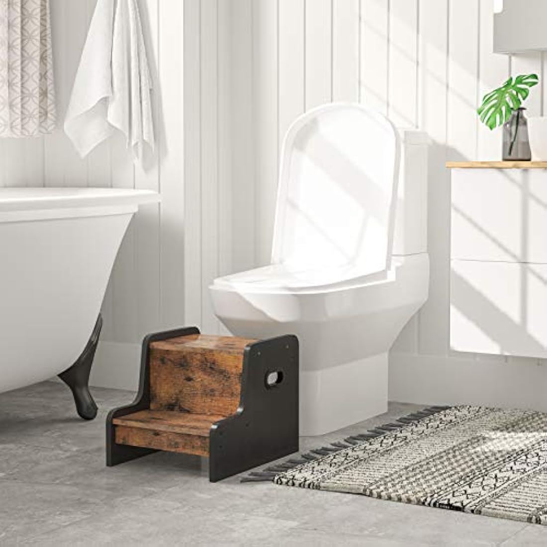 HOOBRO Step Stool for Kids, Two Step Toddler's Stool, Wooden Step Stool with Non-Slip Pads, Safe and Sturdy, Easy to Move, for Sink, Kitchen, Bathroom, Bedroom, Rustic Brown and Black EBF01JD01G1