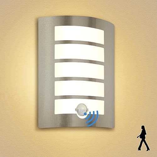 Allesgute Outdoor Wall Lights with PIR Motion Sensor, Curved Outside Light Mains Powered Stainless Steel IP44 Waterproof Wall Lamp Incl. 12W E27 LED Bulbs Warm White for Front Door Porch Stairway