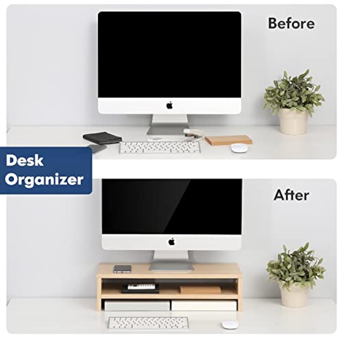 FITUEYES Monitor Stand 2 Tiers Computer Monitor Riser,54cm Wood Desktop Stand for Laptop Computer Screen Riser, with Storage Shelf, Office Supplies, Desk Organizer, Oak