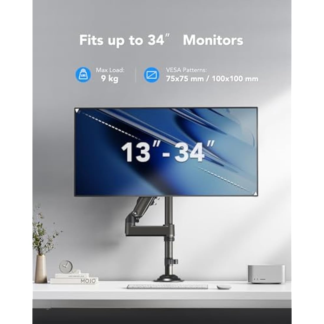 HUANUO Single Monitor Arm for 13" to 34" Screens, Single Monitor Stand with Pole for More Height Adjustments, Gas Spring Screen Arm Holds up to 19.8lbs, Swivel Screen Holder Desk Mount, VESA 75/100