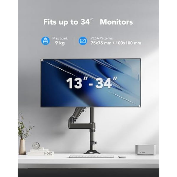 HUANUO Single Monitor Arm for 13" to 34" Screens, Single Monitor Stand with Pole for More Height Adjustments, Gas Spring Screen Arm Holds up to 19.8lbs, Swivel Screen Holder Desk Mount, VESA 75/100
