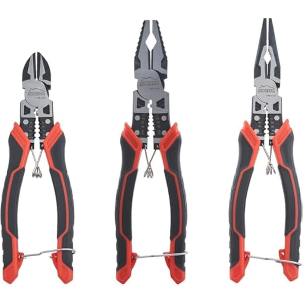 HOUSERAN 3-Piece Pliers Tool Set - 8.3” Needle Nose & Lineman Pliers, 7.5” Diagonal Cutters, Spring Loaded with Safety Lock