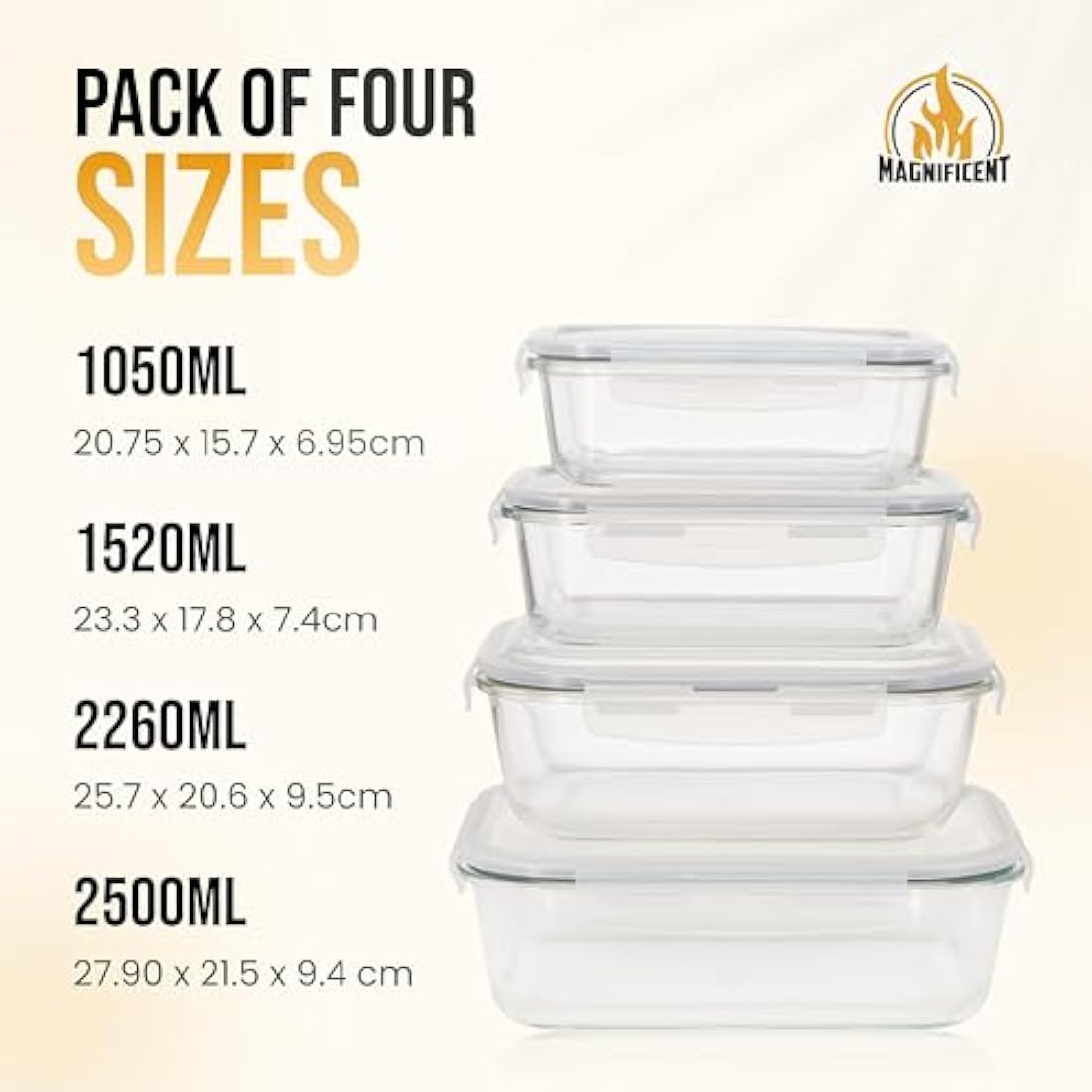Magnificent 4-Pack Large glass food storage containers with Lids | 2500ml | 2260ml | 1520ml | 1050ml | Glass meal prep containers | Microwave, Oven, Freezer and Dishwasher Safe