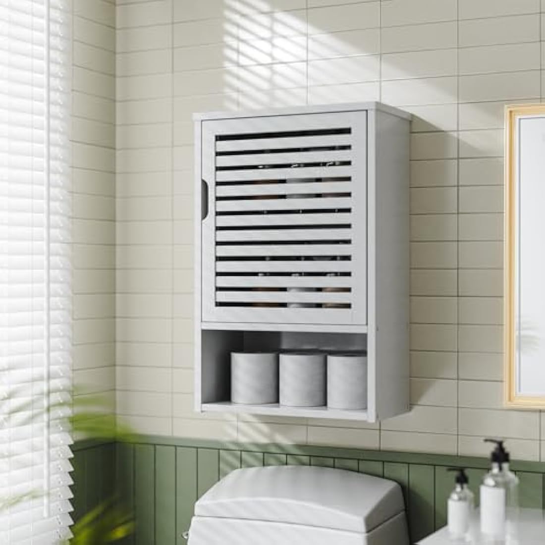 HITNET White Bathroom Wall Cabinet, Bamboo Medicine Cabinet, Single Door Hanging Storage Cupboard with Adjustable Shelf