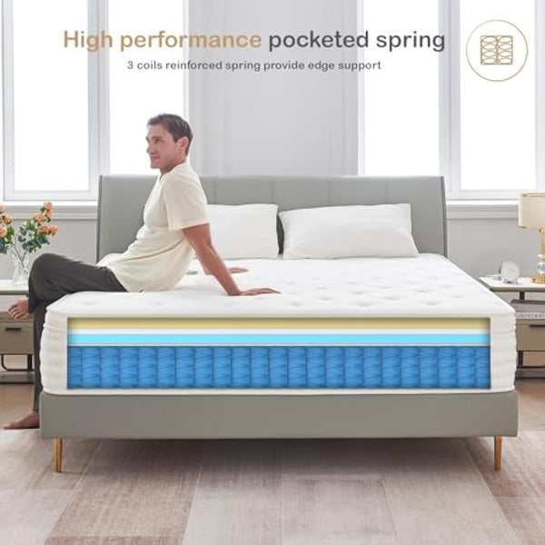 Hiepunos Double Mattress,10.2 INCH Hybrid Memory Foam and Individually Pocket Spring,4FT6 Double Bed Mattress Medium Firm,Ergonomic Pressure Reducing,Improve Sleeping(135x190x26cm)