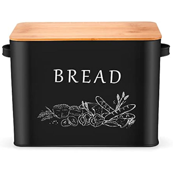 Herogo Bread Bin, Metal Bread Box with Wooden Lid for Cutting Loaf Board, Extra Large Loaf Holder Holds 2 Loaves, Space Saving Storage for Kitchen Countertop, 33x18x24.5cm (Black)