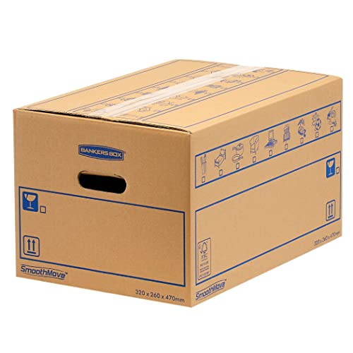 8 BANKERS BOX Large Strong Moving Boxes, 39L C-Flute SmoothMove Cardboard Storage Packing Boxes, Heavy Duty Cardboard Boxes for Moving House with Handles, 47cm x 32cm x 26cm (Pack of 8), Brown
