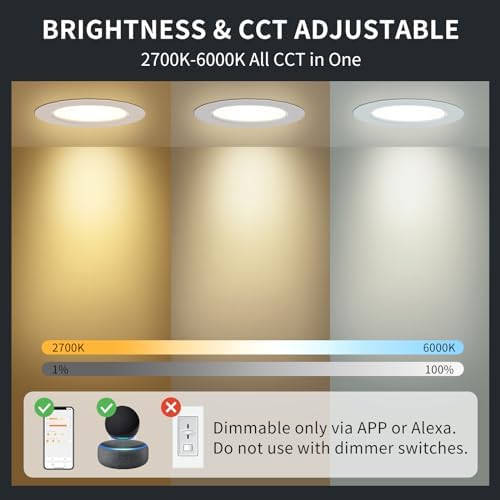 DUSKTEC Smart Recessed Downlights 10W 1000LM, Work with Alexa, APP & Voice Control, 2700K-6000K Warm Neutral Cold White CCT Adjustable Spot Light, Dimmable LED Recessed Ceiling Spotlights, 6 Pack