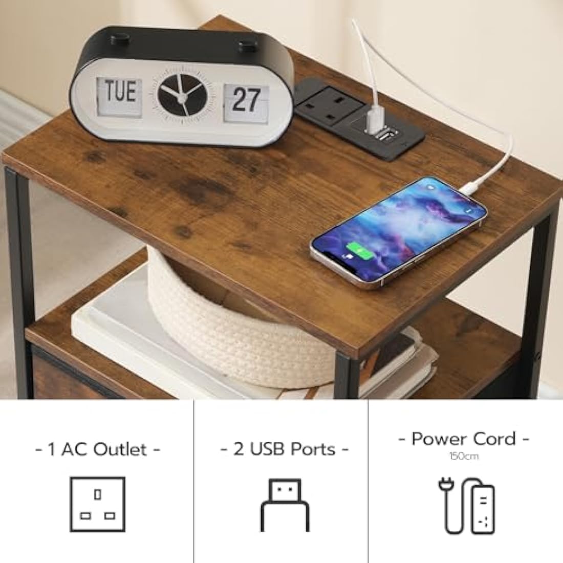 HOOBRO Bedside Table with Charging Station, Side Table with 2 USB Ports and Outlet, End Tables with 2 Fabric Drawers, Nightstand for Small Spaces, Rustic Brown and Black EBF110KBZ01