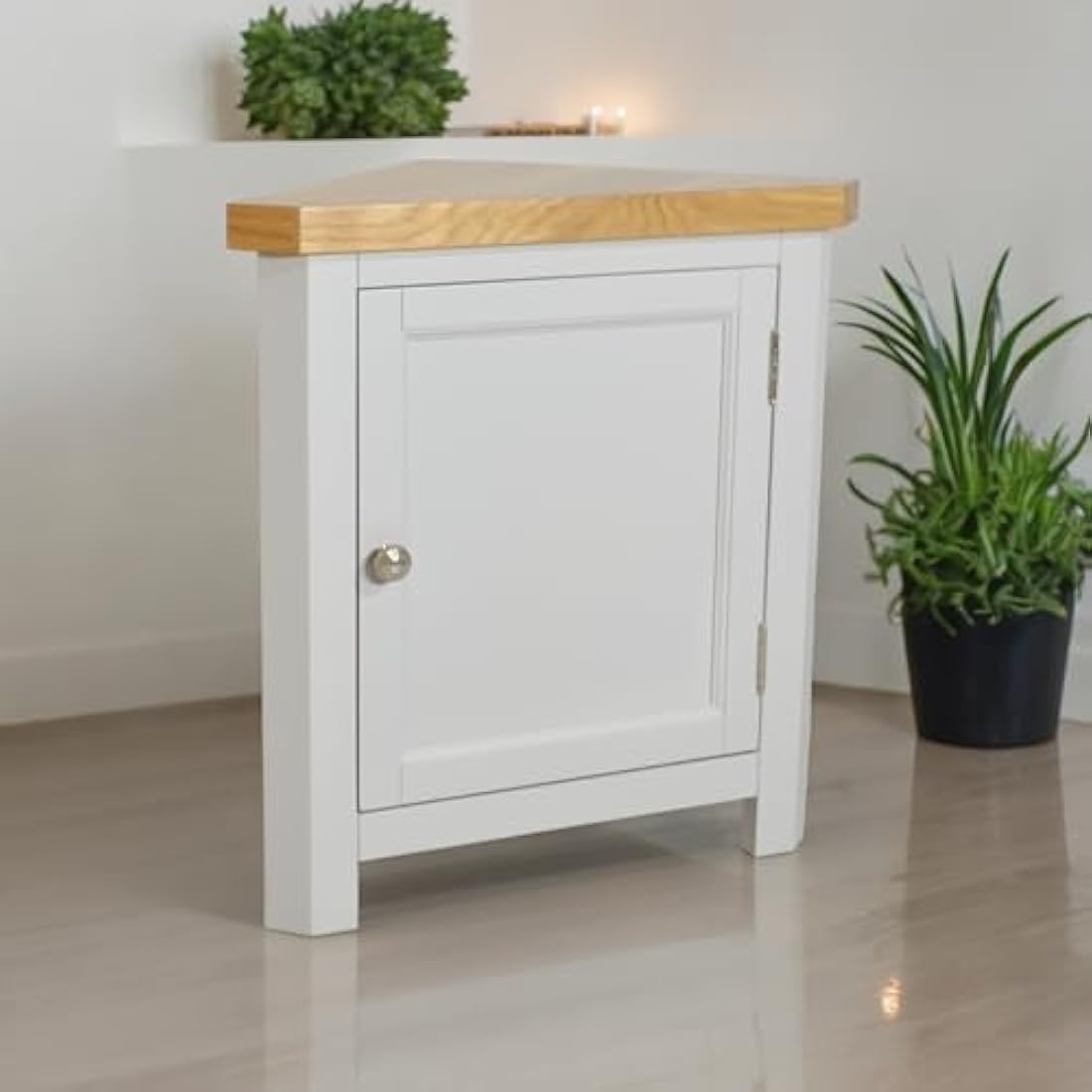 GROFurniture Painted Corner Cabinet, Painted Small Storage Cuboard, Triangle Unit Oak Top Cabinet for Livingroom, Bathroom & Hallway, Fully Assembled, Solid Built Small Corner Unit (Grey)