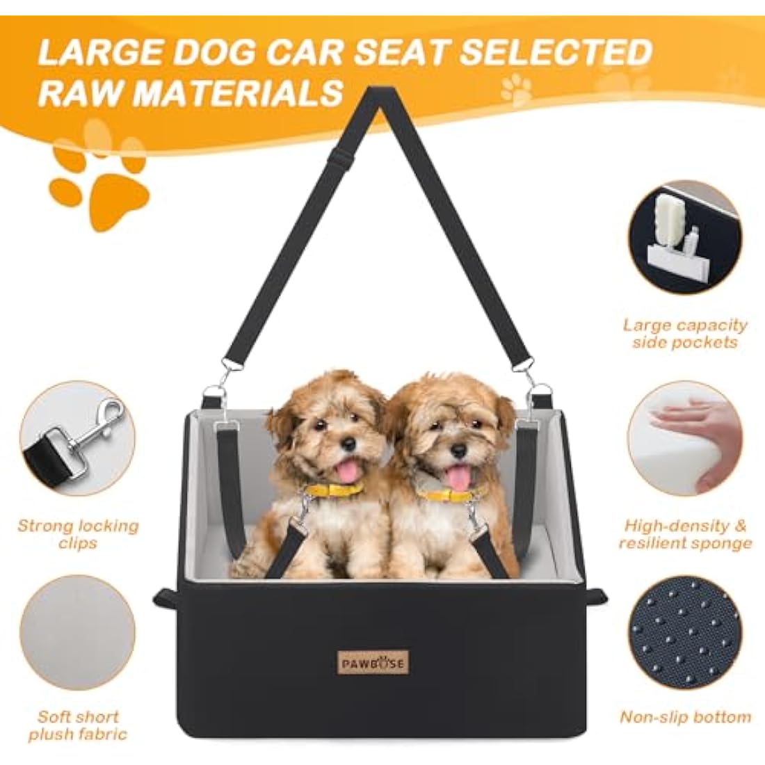 Firepaw firepaw Car Dog Seat for Large Dog, Dog Booster Seat for Dogs Under 55Lbs or 2 Small Dogs, Detachable and Washable Travel Dog Bed with Thick Cushion and Storage Pockets (Large, Black)