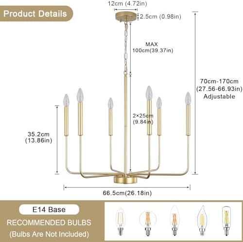 ASHUAQI Gold Chandelier 6 Lights Chandeliers Ceiling Light, Height Adjustable Pendant Light, E14 Modern Chandelier Gold Ceiling Light for Dining Room, Living Room, Kitchen, Hallway, Bedroom