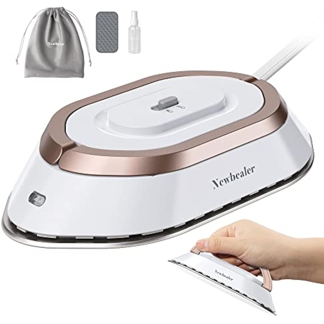 Newbealer Travel Iron - Mini Iron with Dual Voltage-220V/120V for Clothes, Compact Iron with Small Pouch for Global Travel, Quilting & Sewing, Gold