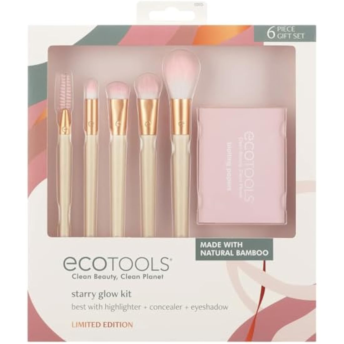 EcoTools Limited Edition Starry Glow Makeup Brush Kit, Eye, For Shadows, Liner, and Highlighter, Blotting Papers Excess Oil, Stocking Stuffer, 6 Piece Gift Set, Cream