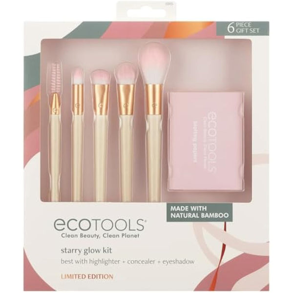 EcoTools Limited Edition Starry Glow Makeup Brush Kit, Eye, For Shadows, Liner, and Highlighter, Blotting Papers Excess Oil, Stocking Stuffer, 6 Piece Gift Set, Cream