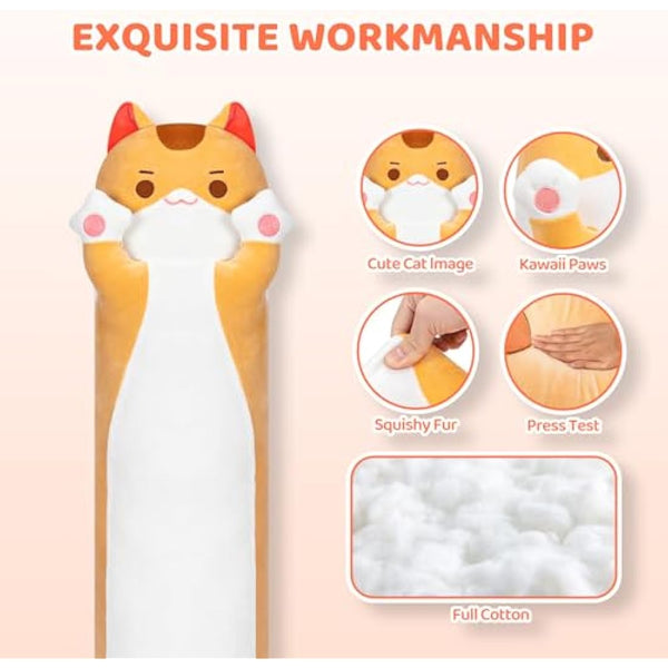 Mewaii 36in Long Cat Plush Pillows Stuffed Animals Squishy Pillows - Plushie Cute Kitty Sleeping Hugging Plush Pillow Soft Toys for Kids, Brown Cat Body Pillow