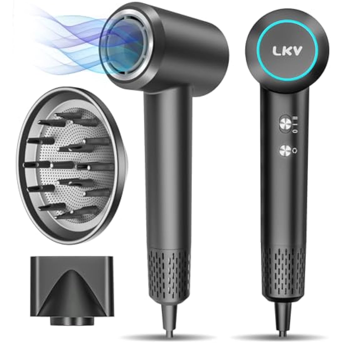 LKV Hair Dryer Professional High-Speed,200 Million Negative Ionic Hairdryer, 36m/s Airflow, Diffuser & Concentrator Nozzle, 1500W Fast Drying Blow Dryer for Home, Bathroom,Travel,59dB Low-Noise,Grey