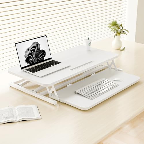 ERGOMAKER Height Adjustable Standing Desk Converter - 81cm (32 Inch) Wide Platform Tabletop Workstation - Quick Sit to Stand Desk Riser for Dual