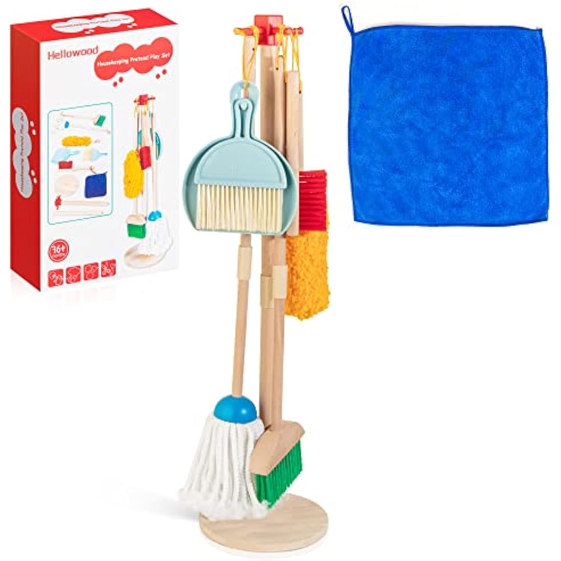 HELLOWOOD Kids Cleaning Set, 8 pcs Housekeeping Pretend Play Set Includes Broom Mop Duster Dustpan Brushes Rag and Organizing Stand, Cleaning Toys for Toddlers Girls Boys Age 3-6, Real Beech Wood