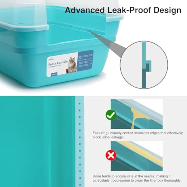 Petfamily 3-in-1 Cat Litter Box with Transparent Hood - Foldable Large Hooded cat litter Tray, Covered Cat Toilet with Anti-Leak Design, Space Saving Litter Pan for Kittens & Adult Cats 55x45x44cm