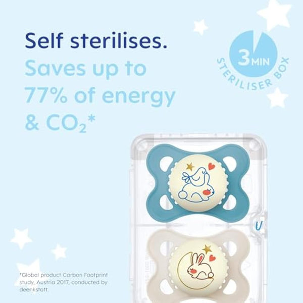 MAM Original Night Soothers | 0-6 Months | 2 Pack | Glow in The Dark | Comes in Dummy Steriliser Case | Baby Accessories for Newborn | Blue/Cream (Various Designs)