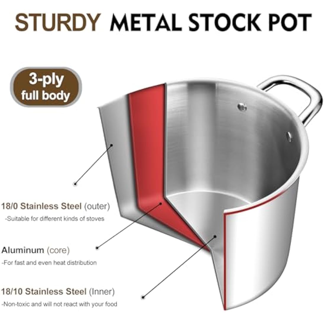 HaWare Large Stock Pot, 10L 25.5cm Tri-Ply Stainless Steel Soup Pot with Visible Lid for Pasta/Meat, Metal Cooking Induction Stockpot, Suit for All Kitchen Stove Top, Healthy & Non Toxic, Easy Clean